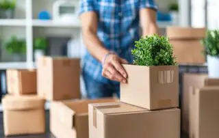 A person arranges books on a shelf, unpacking boxes and setting up decor items while transitioning into a new home filled with natural light.