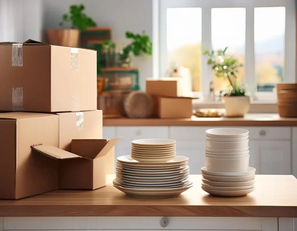 a kitchen table with stacks of plates and bowls and moving boxes