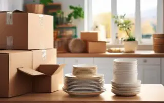 a kitchen table with stacks of plates and bowls and moving boxes