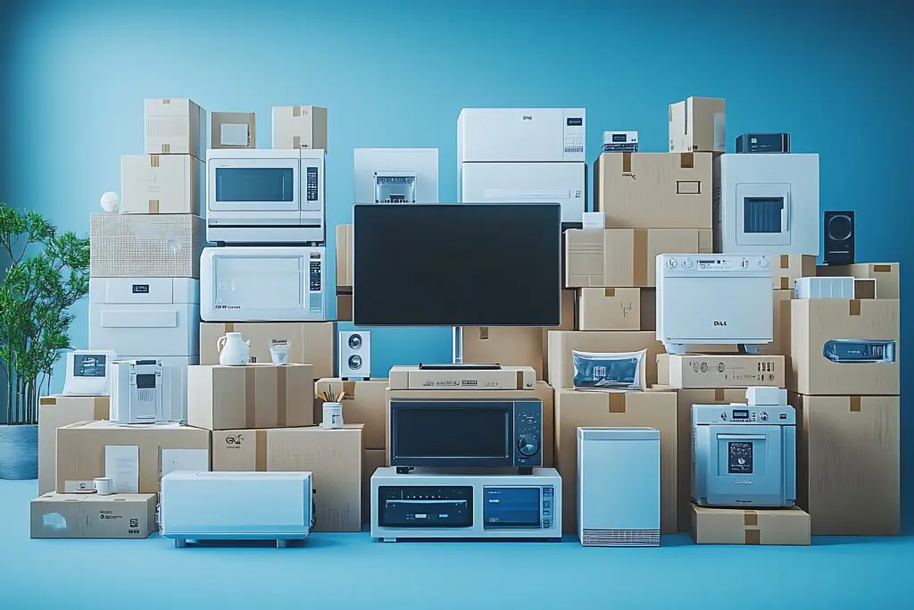 A Stack of New Appliances in Cardboard Boxes