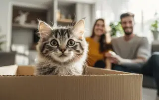 Relocation. The concept of moving. Packing things in boxes. Happy cat inside a cardboard moving box. Background - a man and woman are sitting on the sofa and laugh. Logistics, cargo transportation