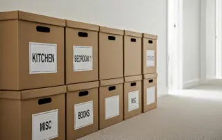 Stack of cardboard boxes in hallway labeled for moving different items. Cardboard boxes are stacked neatly in hallway, marked with kitchen, bedroom, and books.