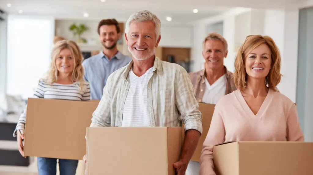 Happy Multi-Generational Family Moving into New Home Together Holding Cardboard Boxes, Showing Unity and Excitement