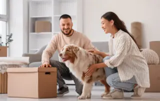 Young couple with box and Australian Shepherd dog in room on moving day