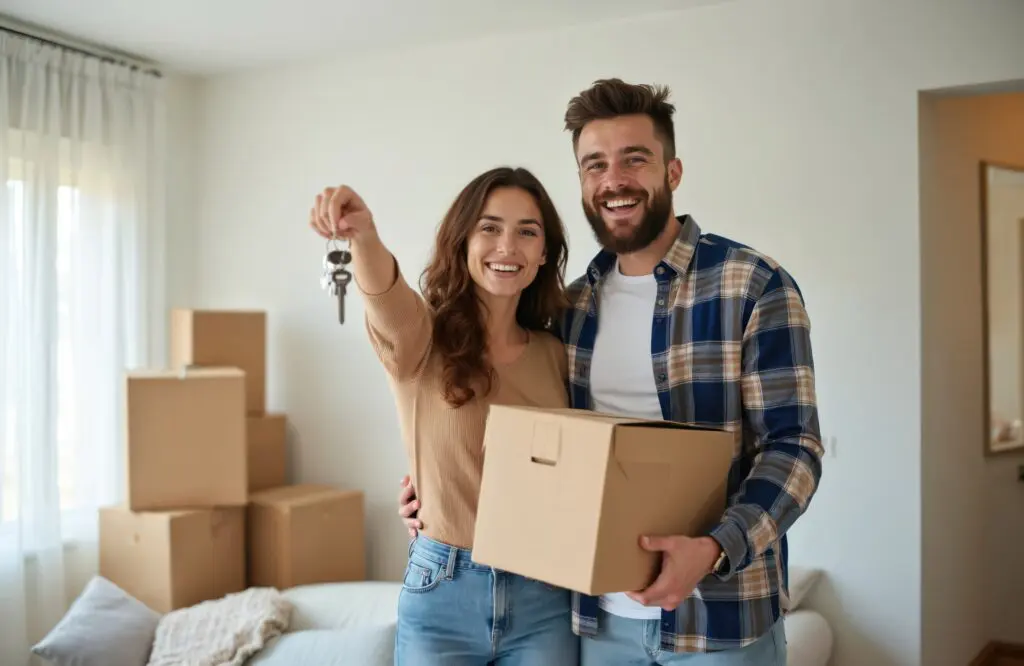 Happy young couple home owners hold keys. Smiling millennial man, woman first time homeowners carry boxes on moving day. Mortgage loan new house ownership concept. Buying real estate, relocation