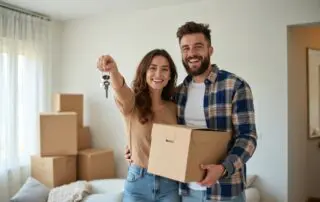 Happy young couple home owners hold keys. Smiling millennial man, woman first time homeowners carry boxes on moving day. Mortgage loan new house ownership concept. Buying real estate, relocation