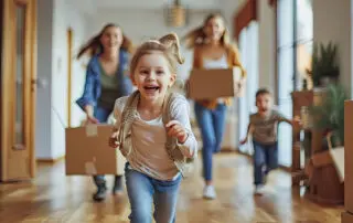 Happy young family with cardboard boxes in new home at moving day concept, excited children running into big modern own house hallway, parents with belongings at background, mortgage loan, relocation