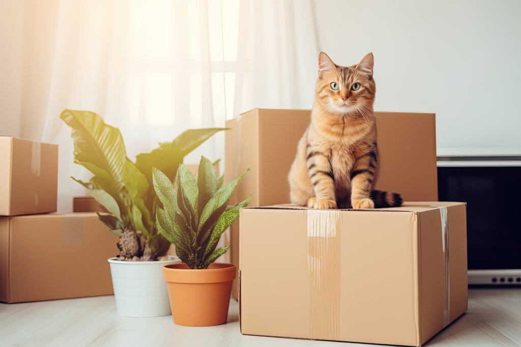 A household is preparing for a move. The cat sits on moving carton.