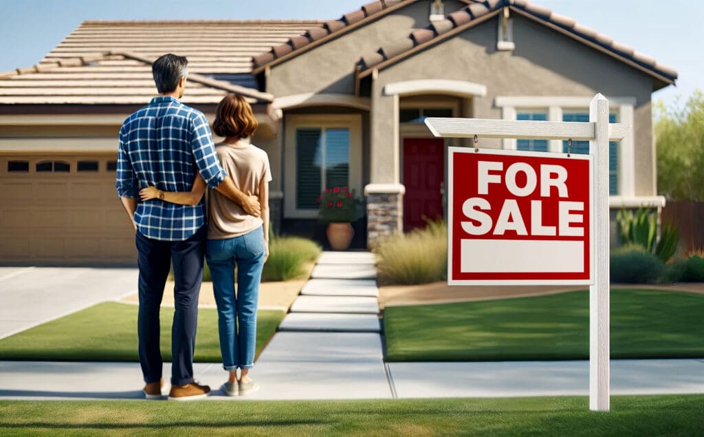 A residential photograph of couple looking at a suburban house with a 'For Sale' sign in the yard