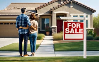 A residential photograph of couple looking at a suburban house with a 'For Sale' sign in the yard