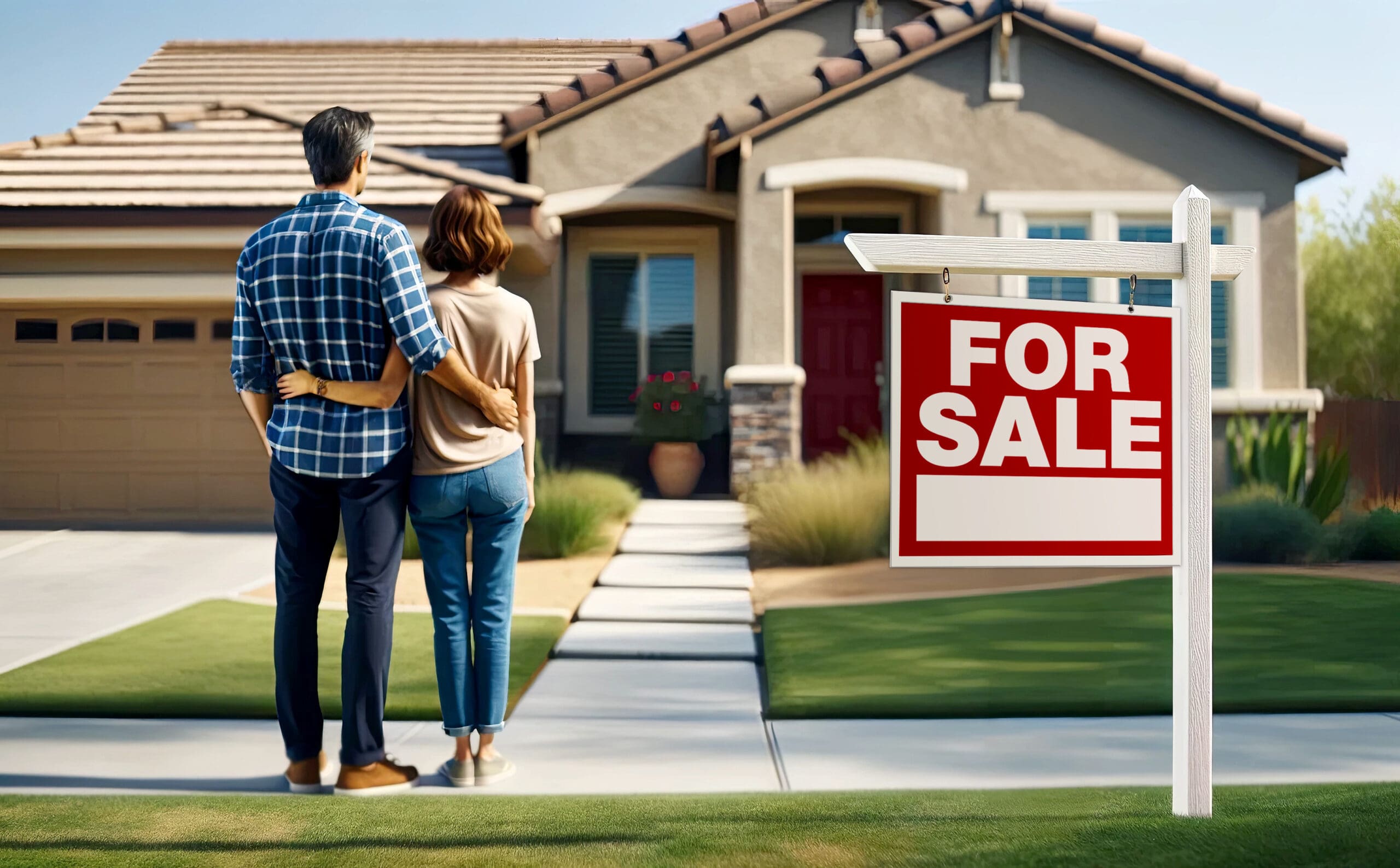 A residential photograph of couple looking at a suburban house with a 'For Sale' sign in the yard