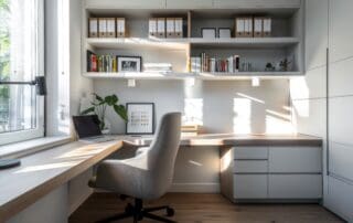 Scandinavian-style home office with a minimalist desk, ergonomic chair, and built-in shelves, creating a clean and productive workspace