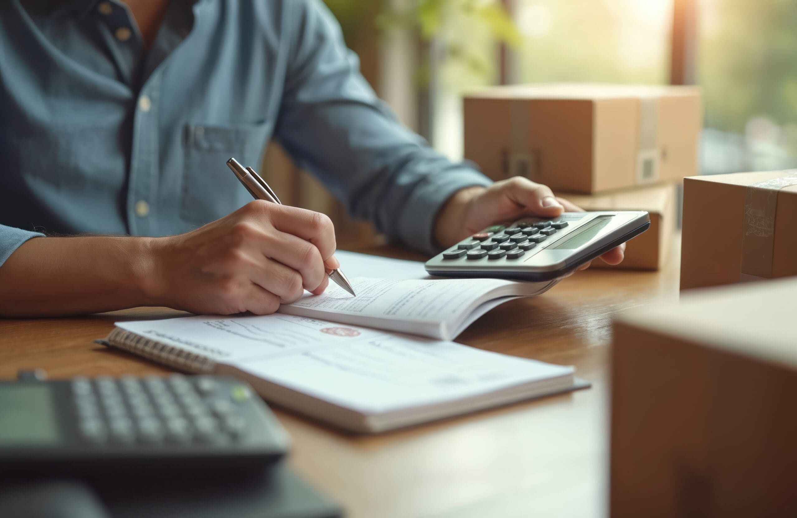 Man calculates fees expenses and makes notes about utilities for residential move