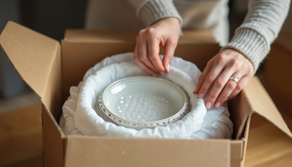 Woman packs plates in cardboard box for relocation. Person prepares household items for moving. Indoor close up of packing process to, move into new house or apartment.