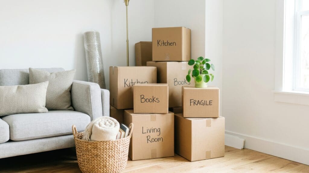Numerous cardboard boxes labeled with room names and 'Fragile' are stacked neatly in a home interior, showcasing the organized chaos of relocation and unpacking, perfect for moving services.