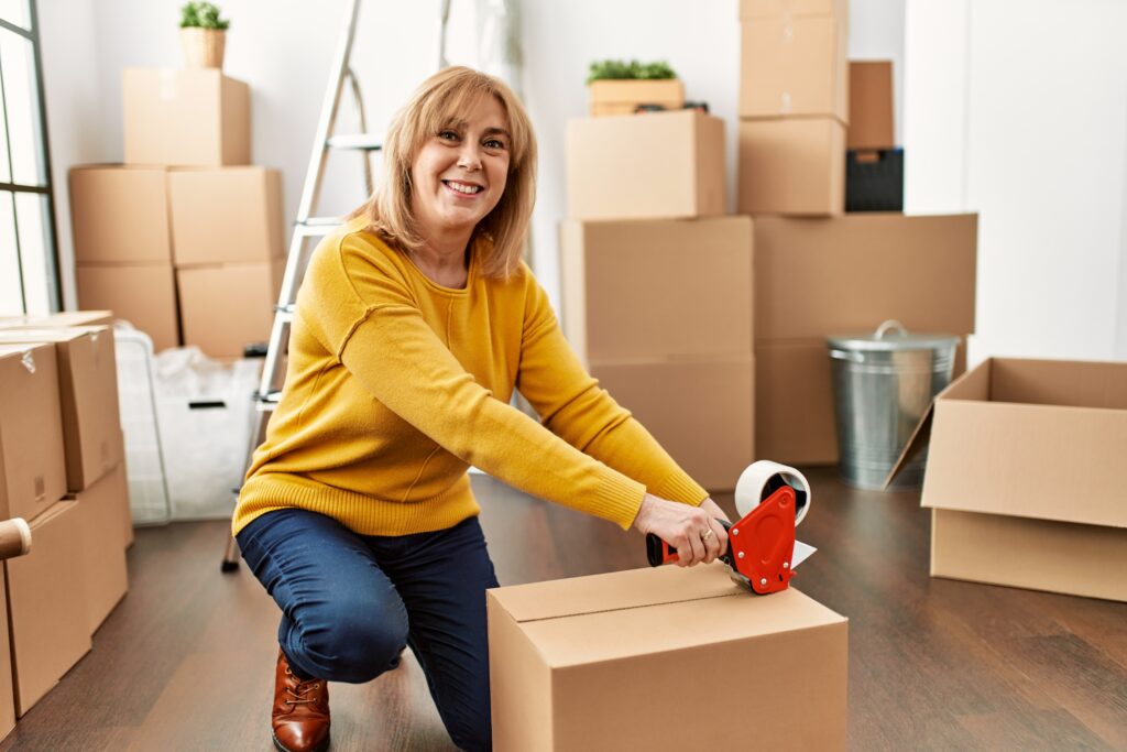 Middle age blonde woman packing box using tape at new home.